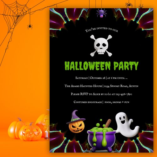 Modern Skull Black Halloween Costume Party Invitation