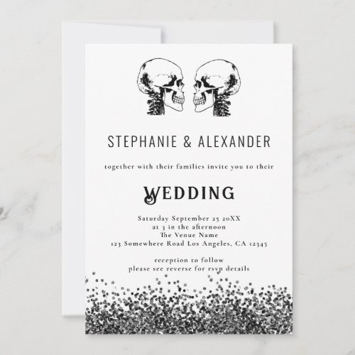 Modern Skull Black White Wedding Invitation