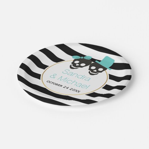 Modern skulls and stripes aqua Halloween wedding Paper Plates