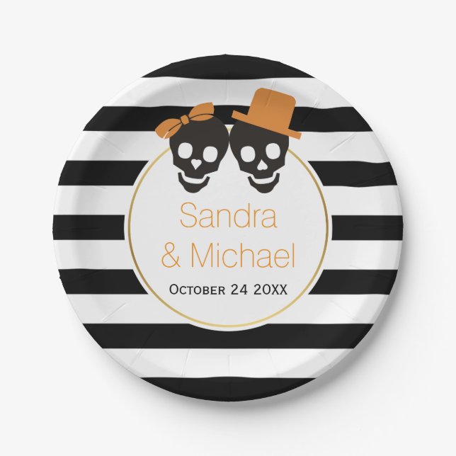 Modern skulls and stripes Halloween wedding Paper Plates (Front)