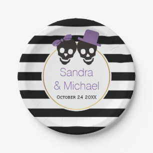 Modern skulls and stripes purple Halloween wedding Paper Plates