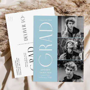 Modern Sky Blue 3 Photo Graduation Party Invitation Postcard