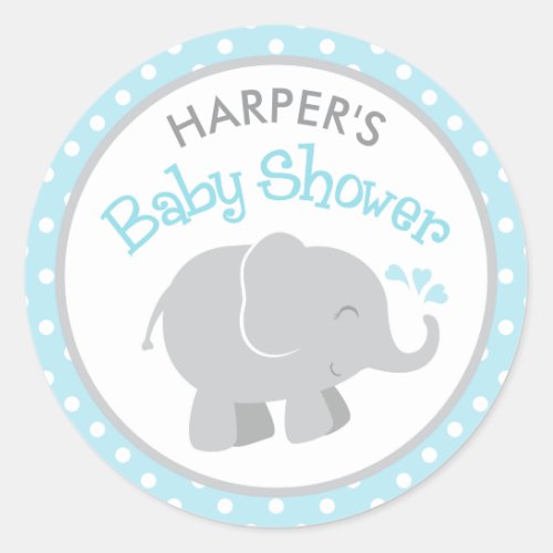 Modern Sky Blue and Gray Elephant Boy Baby Shower Classic Round Sticker