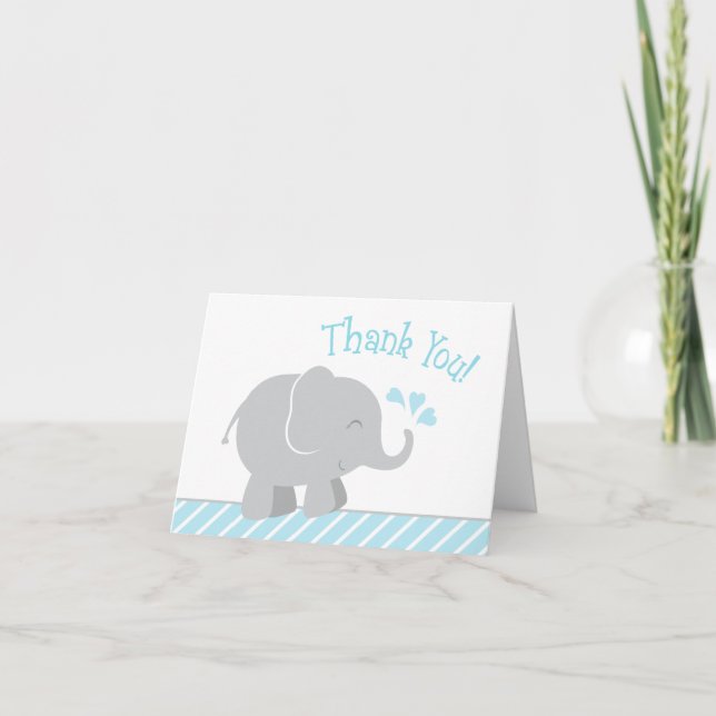 Modern Sky Blue and Gray Elephant Boy Baby Shower Thank You Card (Front)