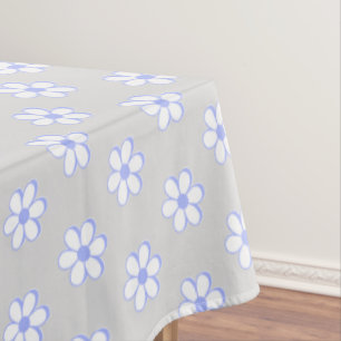 Modern Sky Blue and White Flowers on Light Gray Tablecloth