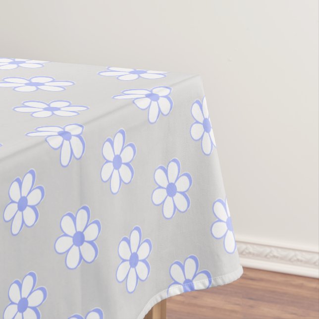 Modern Sky Blue and White Flowers on Light Gray Tablecloth (In Situ)