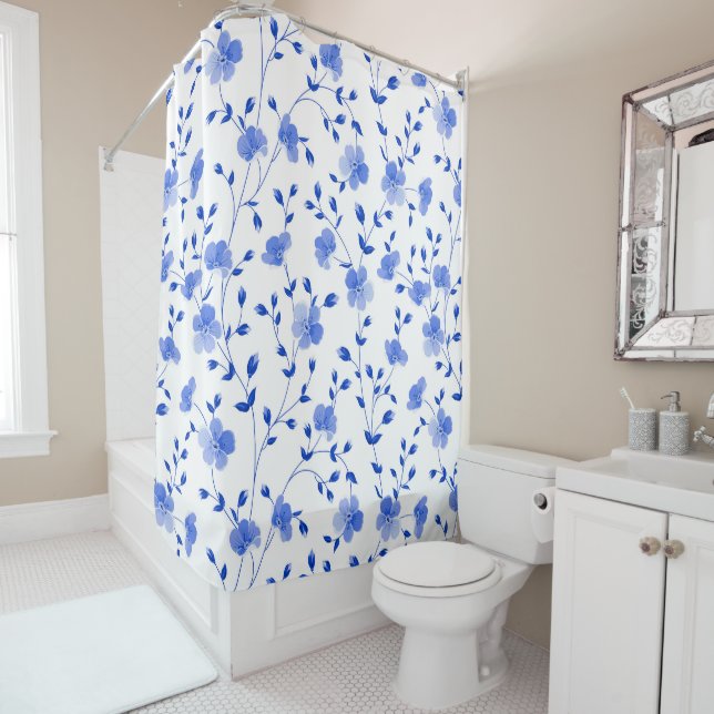 Modern Sky Blue  Daisy Floral  Shower Curtain (In Situ)