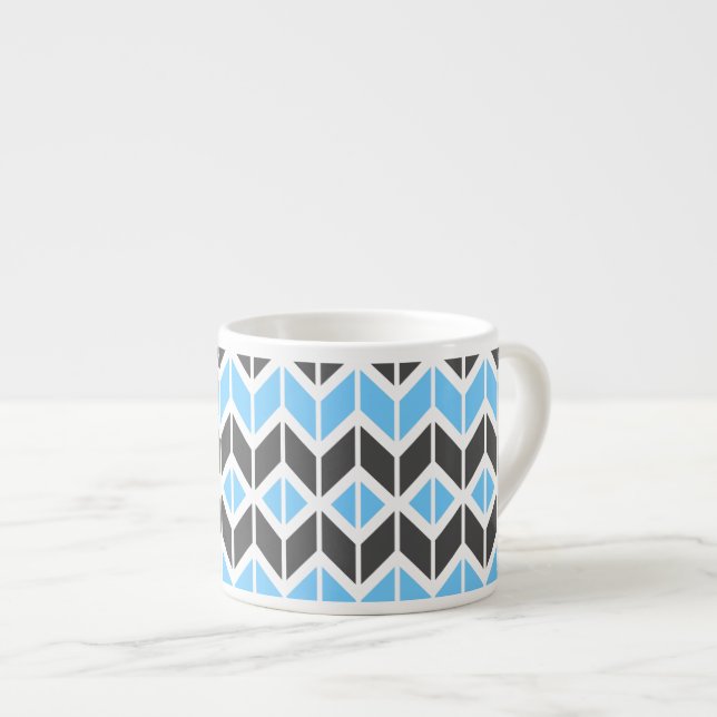 Modern Sky Blue Dark Gray Geometric Herringbone Espresso Cup (Front Right)
