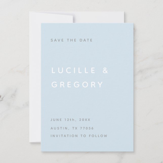 Modern Sky Blue Editorial All Caps Save the Date (Front)