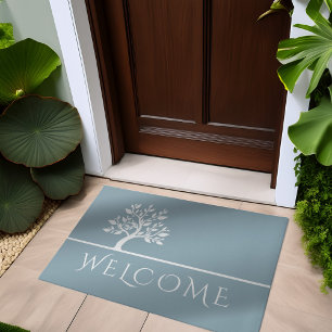 Modern Sky Blue Elegant Classy Tree YOGA Welcome Doormat