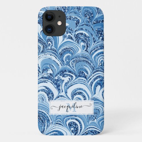 Modern Sky Blue Glitter Sparkle Girly Chic Marble iPhone 11 Case