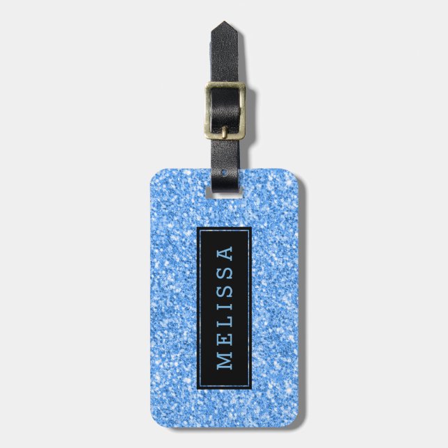 Modern Sky-Blue Glitter Texture Monogram Luggage Tag (Front Vertical)