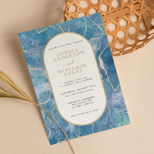 Modern Sky Blue Gold Agate Wedding Invitation