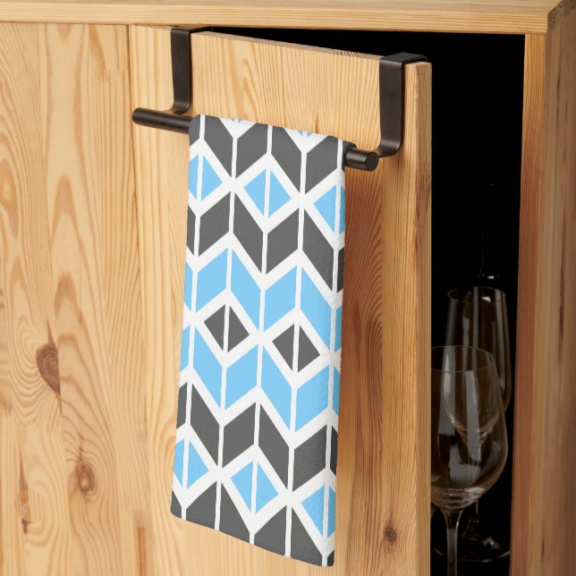 Modern Sky Blue Gray Herringbone Geometric Pattern Kitchen Towel (Thirds Fold)
