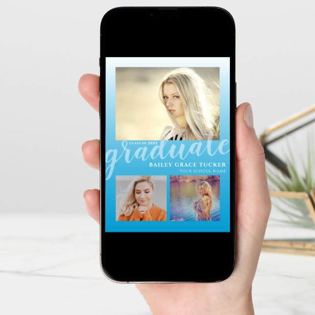 Modern Sky Blue Ombre Graduate 3-photo Graduation Announcement (Front Digital)