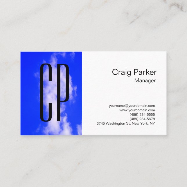 Modern Sky Blue White Monogram Professional Business Card (Front)