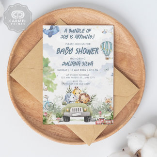 Modern Sky Blue White Teddy Bear Floral Design Invitation