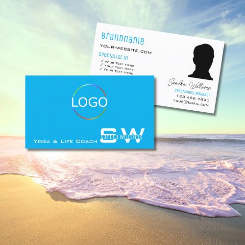 Modern Sky Blue White with Monogram Logo and Photo Business Card