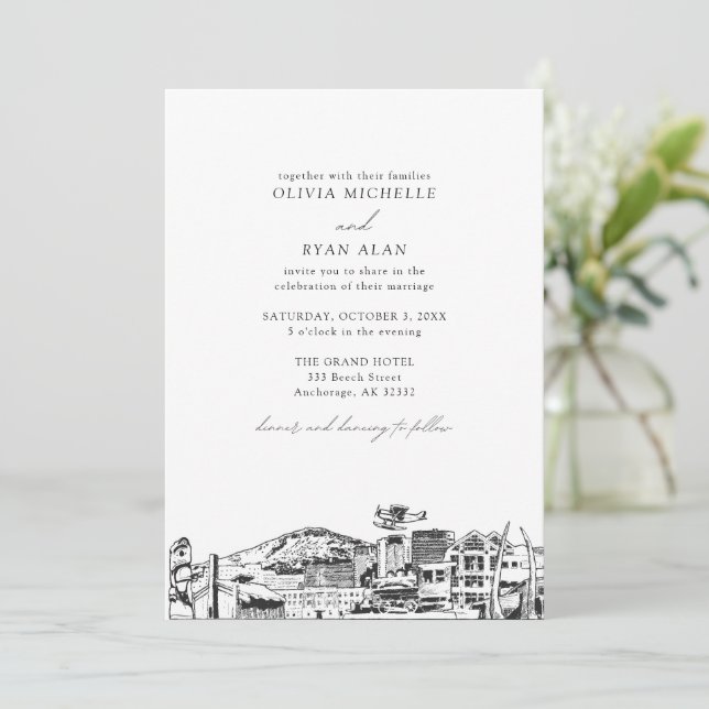 Modern Skyline Black & White Anchorage Wedding Invitation (Standing Front)