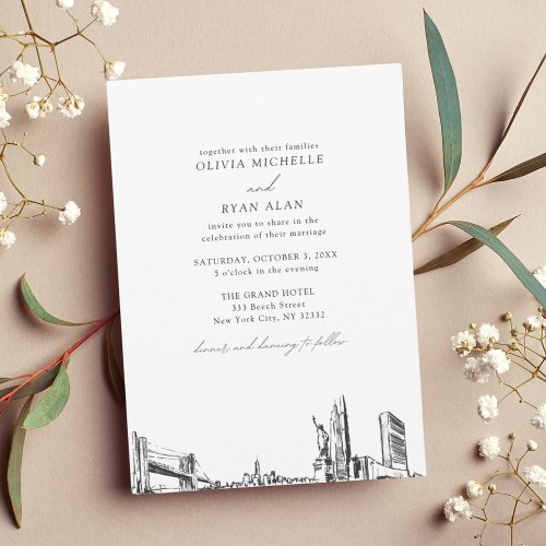 Modern Skyline Black  White New York City Wedding Invitation