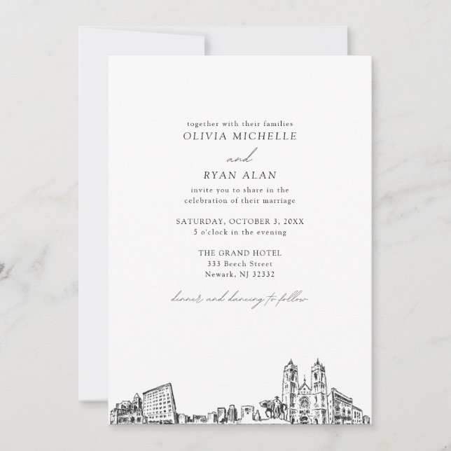 Modern Skyline Black & White Newark Wedding Invitation (Front)