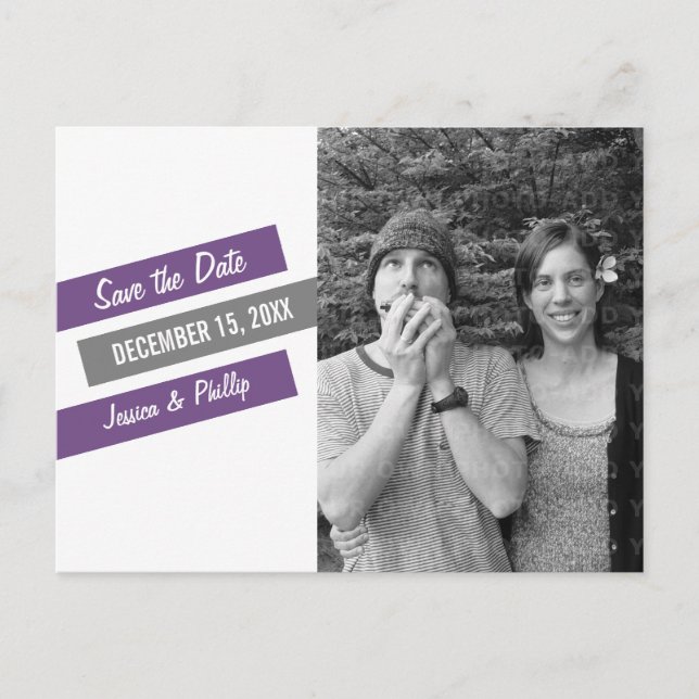 Modern Slant Save the Date Postcard (Purple/Gray) (Front)
