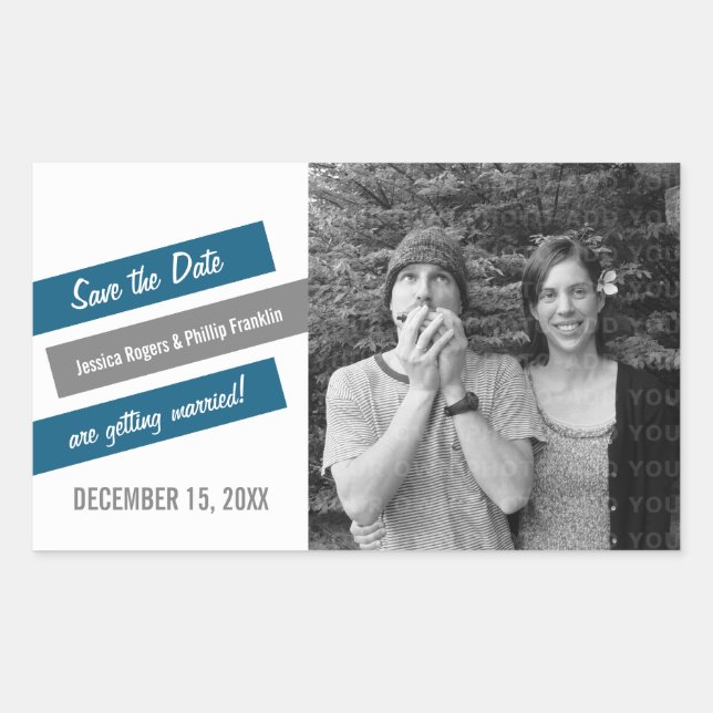 Modern Slant Save the Date Stickers (Blue/Gray) (Front)