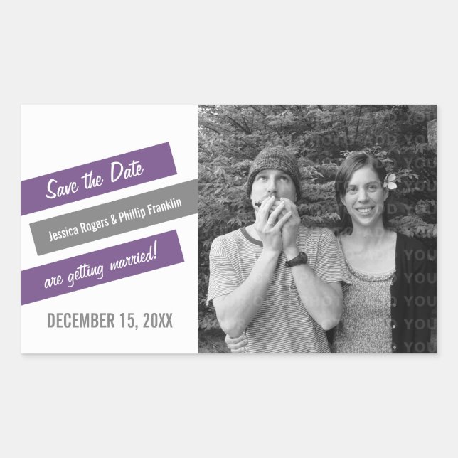 Modern Slant Save the Date Stickers (Purple/Gray) (Front)