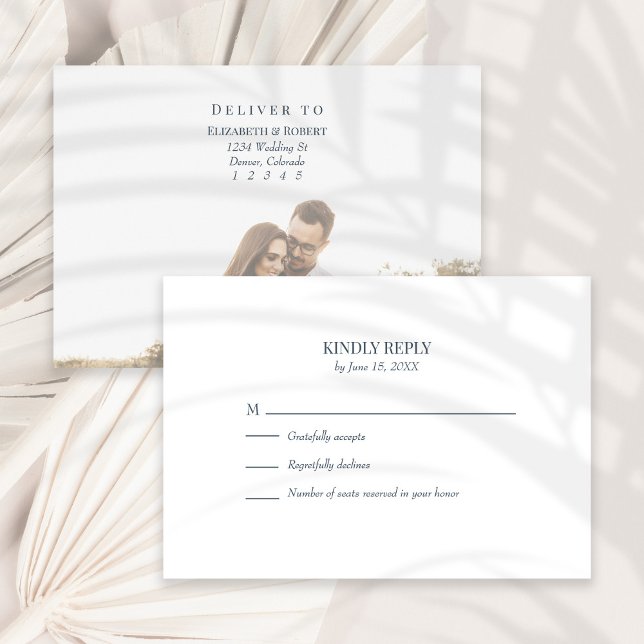 Modern Slate Blue Custom Photo Wedding RSVP Card (Modern Slate Blue Custom Photo Wedding RSVP Cardon a sunny white dry palm leaf.)