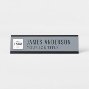 Modern Slate Blue Gray Personalized Business Logo Desk Name Plate