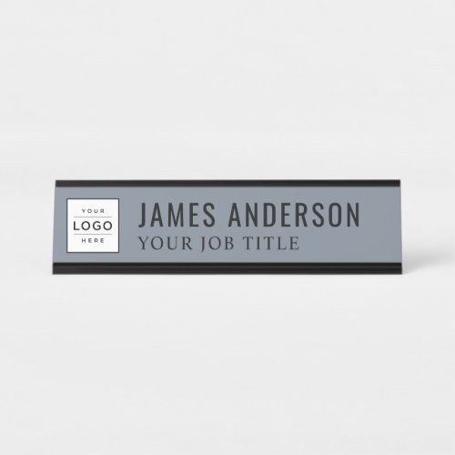 Modern Slate Blue Gray Personalized Business Logo Desk Name Plate