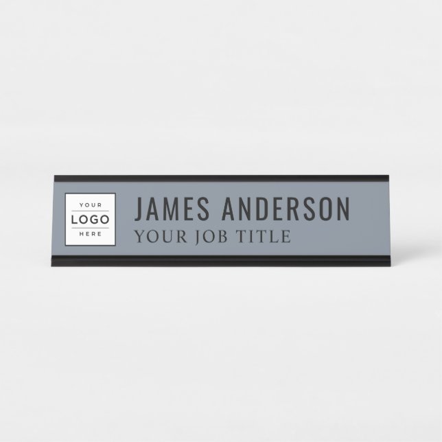 Modern Slate Blue Gray Personalized Business Logo Desk Name Plate (Front)