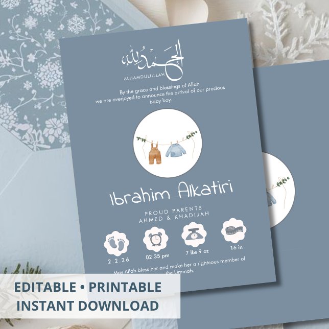 Modern Slate Blue Islamic Baby Boy Birth Announcement (Creator Uploaded)