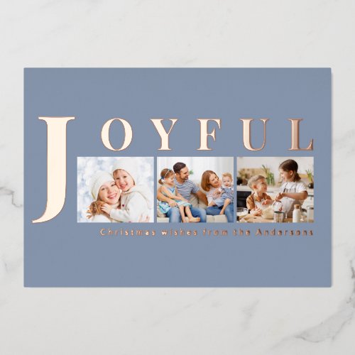 Modern Slate Blue Joyful Multi Photo Christmas Foil Holiday Card