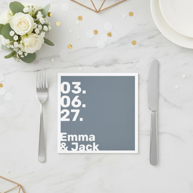 Modern slate Blue minimal Vertical Date Wedding Napkins (Modern slate Blue minimal Vertical Date Wedding Napkin.)