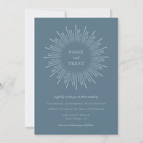 Modern Slate Blue Sunburst Frame Wedding Invitation