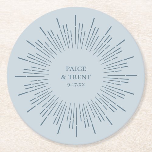 Modern Slate Blue Sunburst Wedding Round Paper Coaster
