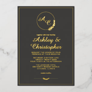 Modern Slate Gray Monogram Photo Wedding Gold Foil Invitation