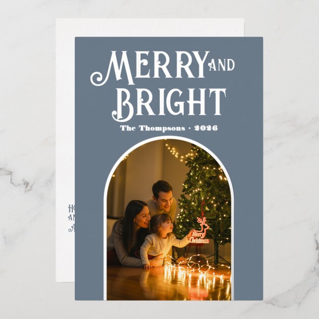 Modern Slate Gray & Silver Christmas Photo Foil Holiday Card (Front/Back)