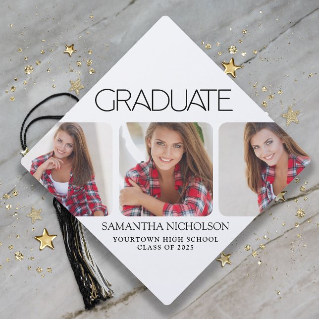 Modern Sleek 3-Photo Graduation Cap Topper (Modern, sleek 3-photo graduation cap topper)
