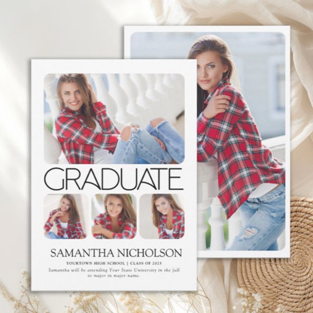 Modern Sleek 5-Photo Graduation (Modern white 5-photo graduation announcement)