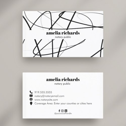 Modern Sleek Black  White Lines Notary Public Business Card