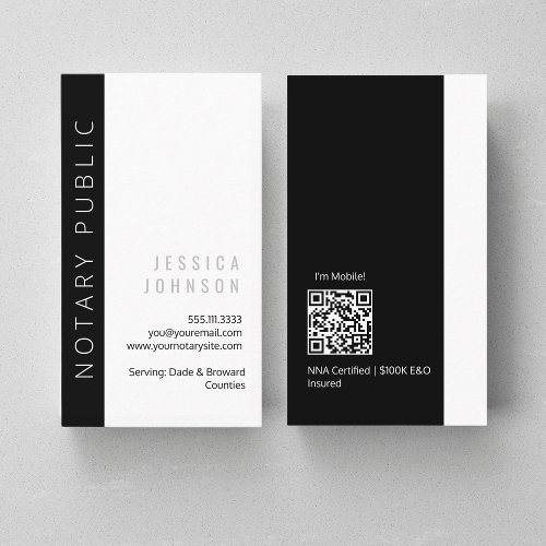 Modern Sleek  Black  White Minimal Notary QR  Business Card