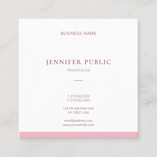 Modern Sleek Design Pink White Plain Sophisticated Square Business Card (Front)