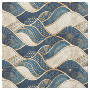Modern Sleek Gold & Blue Geometric Abstract Waves Fabric