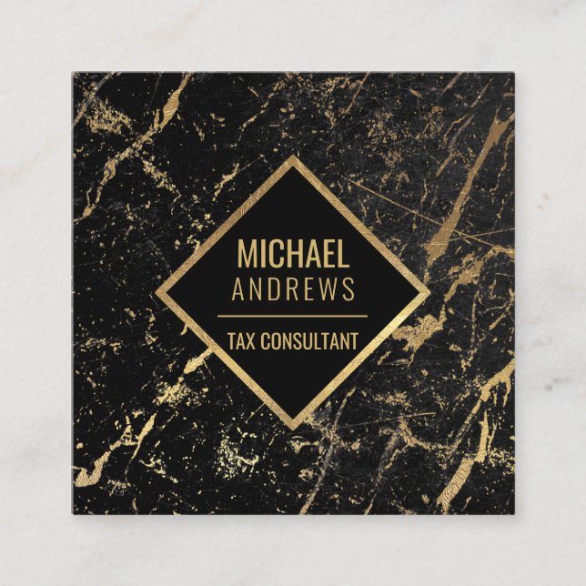 Modern Sleek Gold Foil Black Marble Stone Square Business Card (Front)