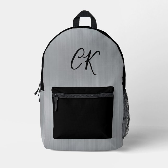Modern Sleek Gray Silver Personalized Initials Printed Backpack (Front)