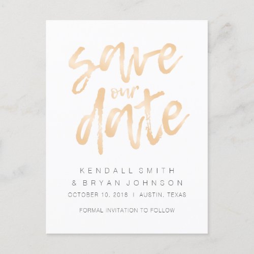 Modern Sleek Minimalist Rose Gold Save the Date Announcement Postcard