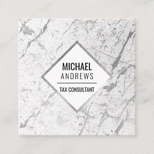 Modern Sleek Silver Foil White Marble Stone Square Business Card