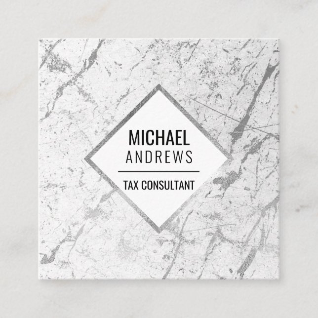 Modern Sleek Silver Foil White Marble Stone Square Business Card (Front)
